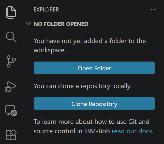 VS Code Explorer panel showing the Open Folder button