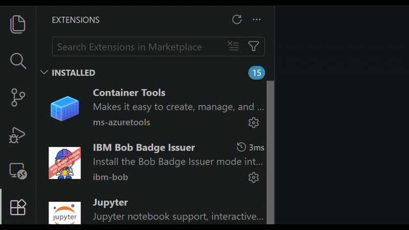 Animated walkthrough: how to install a VSIX extension in Bob